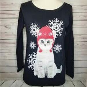 2/$30 FRZ Grey Holiday Kitten Snowflake Graphic Long Sleeve T-Shirt